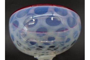 当時物　大正〜昭和初期　碗型　乳白水玉　赤縁　手作りの温かみを感じる氷コップ2点セット(吹きガラス、グラス、硝子、和ガラス)(R-083140)