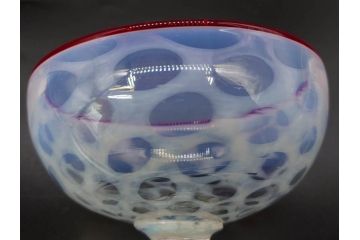 当時物　大正〜昭和初期　碗型　乳白水玉　赤縁　手作りの温かみを感じる氷コップ2点セット(吹きガラス、グラス、硝子、和ガラス)(R-083140)