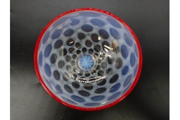 当時物　大正〜昭和初期　碗型　乳白水玉　赤縁　手作りの温かみを感じる氷コップ2点セット(吹きガラス、グラス、硝子、和ガラス)(R-083140)