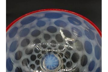 当時物　大正〜昭和初期　碗型　乳白水玉　赤縁　手作りの温かみを感じる氷コップ2点セット(吹きガラス、グラス、硝子、和ガラス)(R-083140)