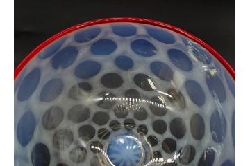当時物　大正〜昭和初期　碗型　乳白水玉　赤縁　手作りの温かみを感じる氷コップ2点セット(吹きガラス、グラス、硝子、和ガラス)(R-083140)