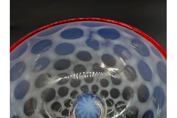 当時物　大正〜昭和初期　碗型　乳白水玉　赤縁　手作りの温かみを感じる氷コップ2点セット(吹きガラス、グラス、硝子、和ガラス)(R-083140)