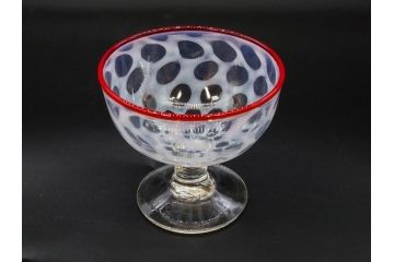 当時物　大正〜昭和初期　碗型　乳白水玉　赤縁　手作りの温かみを感じる氷コップ2点セット(吹きガラス、グラス、硝子、和ガラス)(R-083140)
