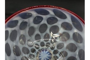 当時物　大正〜昭和初期　碗型　乳白水玉　赤縁　手作りの温かみを感じる氷コップ2点セット(吹きガラス、グラス、硝子、和ガラス)(R-083140)
