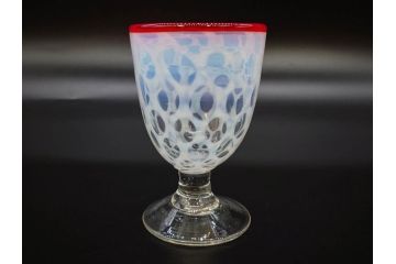 当時物　大正〜昭和初期　棗(なつめ)型　乳白水玉　優しい色合いに魅了される赤縁氷コップ2客セット(なつめ形、吹きガラス、硝子、グラス、和ガラス)(R-083141)