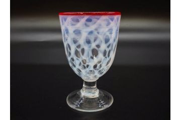 当時物　大正〜昭和初期　棗(なつめ)型　乳白水玉　優しい色合いに魅了される赤縁氷コップ2客セット(なつめ形、吹きガラス、硝子、グラス、和ガラス)(R-083141)