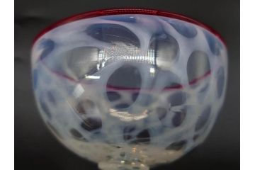 当時物　大正〜昭和初期　碗型　乳白水玉　赤縁　レトロモダンな雰囲気が魅力の氷コップ2客セット(吹きガラス、硝子、グラス、和ガラス)(R-083142)