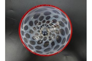 当時物　大正〜昭和初期　碗型　乳白水玉　赤縁　レトロモダンな雰囲気が魅力の氷コップ2客セット(吹きガラス、硝子、グラス、和ガラス)(R-083142)
