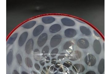 当時物　大正〜昭和初期　碗型　乳白水玉　赤縁　レトロモダンな雰囲気が魅力の氷コップ2客セット(吹きガラス、硝子、グラス、和ガラス)(R-083142)