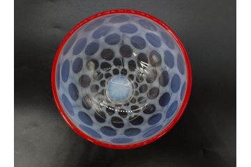 当時物　大正〜昭和初期　碗型　乳白水玉　赤縁　レトロモダンな雰囲気が魅力の氷コップ2客セット(吹きガラス、硝子、グラス、和ガラス)(R-083142)