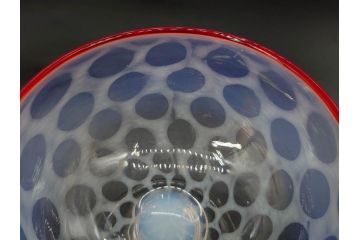 当時物　大正〜昭和初期　碗型　乳白水玉　赤縁　レトロモダンな雰囲気が魅力の氷コップ2客セット(吹きガラス、硝子、グラス、和ガラス)(R-083142)