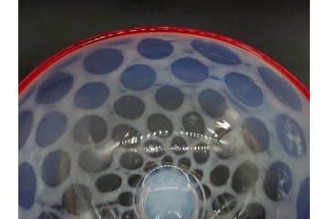 当時物　大正〜昭和初期　碗型　乳白水玉　赤縁　レトロモダンな雰囲気が魅力の氷コップ2客セット(吹きガラス、硝子、グラス、和ガラス)(R-083142)