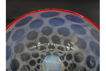 当時物　大正〜昭和初期　碗型　乳白水玉　赤縁　レトロモダンな雰囲気が魅力の氷コップ2客セット(吹きガラス、硝子、グラス、和ガラス)(R-083142)