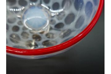 当時物　大正〜昭和初期　碗型　乳白水玉　赤縁　レトロモダンな雰囲気が魅力の氷コップ2客セット(吹きガラス、硝子、グラス、和ガラス)(R-083142)
