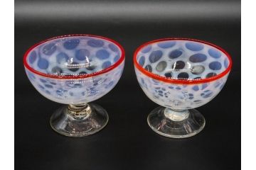 当時物　大正〜昭和初期　碗型　乳白水玉　赤縁　日常に彩を与えてくれる氷コップ2客セット(吹きガラス、硝子、グラス、和ガラス)(R-083143)