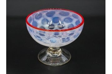 当時物　大正〜昭和初期　碗型　乳白水玉　赤縁　日常に彩を与えてくれる氷コップ2客セット(吹きガラス、硝子、グラス、和ガラス)(R-083143)