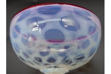 当時物　大正〜昭和初期　碗型　乳白水玉　赤縁　日常に彩を与えてくれる氷コップ2客セット(吹きガラス、硝子、グラス、和ガラス)(R-083143)