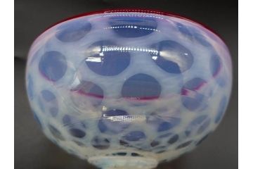 当時物　大正〜昭和初期　碗型　乳白水玉　赤縁　日常に彩を与えてくれる氷コップ2客セット(吹きガラス、硝子、グラス、和ガラス)(R-083143)