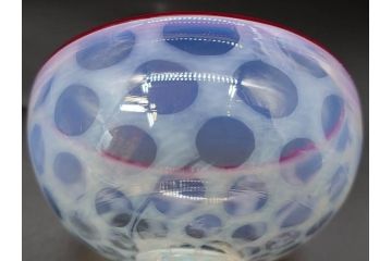 当時物　大正〜昭和初期　碗型　乳白水玉　赤縁　日常に彩を与えてくれる氷コップ2客セット(吹きガラス、硝子、グラス、和ガラス)(R-083143)