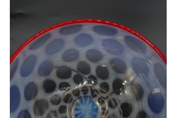当時物　大正〜昭和初期　碗型　乳白水玉　赤縁　日常に彩を与えてくれる氷コップ2客セット(吹きガラス、硝子、グラス、和ガラス)(R-083143)