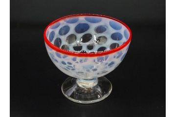 当時物　大正〜昭和初期　碗型　乳白水玉　赤縁　日常に彩を与えてくれる氷コップ2客セット(吹きガラス、硝子、グラス、和ガラス)(R-083143)