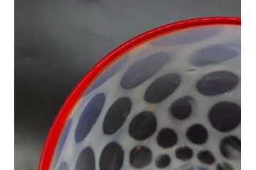 当時物　大正〜昭和初期　碗型　乳白水玉　赤縁　日常に彩を与えてくれる氷コップ2客セット(吹きガラス、硝子、グラス、和ガラス)(R-083143)
