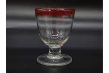当時物　大正〜昭和初期　棗(なつめ)型　輪花　乳白ぼかし　赤縁　青縁　レトロな雰囲気漂う氷コップ3客セット(なつめ形、吹きガラス、硝子、グラス、和ガラス)(R-083145)