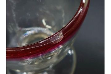 当時物　大正〜昭和初期　棗(なつめ)型　輪花　乳白ぼかし　赤縁　青縁　レトロな雰囲気漂う氷コップ3客セット(なつめ形、吹きガラス、硝子、グラス、和ガラス)(R-083145)