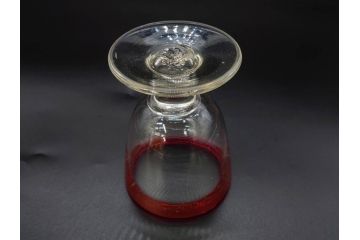 当時物　大正〜昭和初期　棗(なつめ)型　輪花　乳白ぼかし　赤縁　青縁　レトロな雰囲気漂う氷コップ3客セット(なつめ形、吹きガラス、硝子、グラス、和ガラス)(R-083145)
