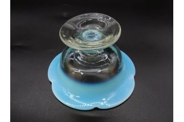 当時物　大正〜昭和初期　棗(なつめ)型　輪花　乳白ぼかし　赤縁　青縁　レトロな雰囲気漂う氷コップ3客セット(なつめ形、吹きガラス、硝子、グラス、和ガラス)(R-083145)