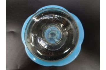 当時物　大正〜昭和初期　棗(なつめ)型　輪花　乳白ぼかし　赤縁　青縁　レトロな雰囲気漂う氷コップ3客セット(なつめ形、吹きガラス、硝子、グラス、和ガラス)(R-083145)