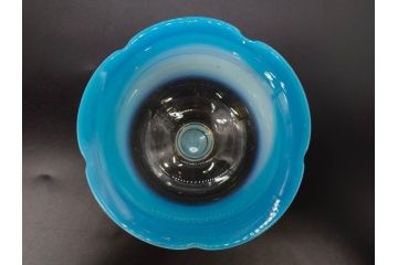 当時物　大正〜昭和初期　棗(なつめ)型　輪花　乳白ぼかし　赤縁　青縁　レトロな雰囲気漂う氷コップ3客セット(なつめ形、吹きガラス、硝子、グラス、和ガラス)(R-083145)