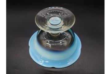当時物　大正〜昭和初期　棗(なつめ)型　輪花　乳白ぼかし　赤縁　青縁　レトロな雰囲気漂う氷コップ3客セット(なつめ形、吹きガラス、硝子、グラス、和ガラス)(R-083145)