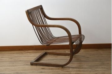 和製ビンテージ　激レア!　補強金具付き　竹興社　城所右文次　EMPRESS BAMBOO　PAT.NO.9520　サイン入り　滑らかな曲線のデザインが美しさと癒しを両立する博物館クラスのバンブーチェア(アームチェア、安楽椅子、イス、椅子、ヴィンテージ)(R-083152)