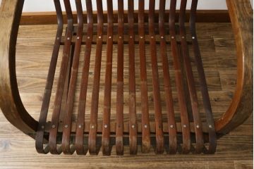 和製ビンテージ　激レア!　補強金具付き　竹興社　城所右文次　EMPRESS BAMBOO　PAT.NO.9520　サイン入り　滑らかな曲線のデザインが美しさと癒しを両立する博物館クラスのバンブーチェア(アームチェア、安楽椅子、イス、椅子、ヴィンテージ)(R-083152)