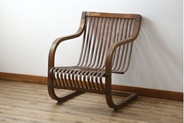和製ビンテージ　激レア!　補強金具付き　竹興社　城所右文次　EMPRESS BAMBOO　PAT.NO.9520　サイン入り　滑らかな曲線のデザインが美しさと癒しを両立する博物館クラスのバンブーチェア(アームチェア、安楽椅子、イス、椅子、ヴィンテージ)(R-083153)