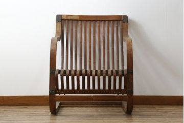 和製ビンテージ　激レア!　補強金具付き　竹興社　城所右文次　EMPRESS BAMBOO　PAT.NO.9520　サイン入り　滑らかな曲線のデザインが美しさと癒しを両立する博物館クラスのバンブーチェア(アームチェア、安楽椅子、イス、椅子、ヴィンテージ)(R-083153)