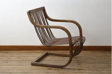 和製ビンテージ　激レア!　補強金具付き　竹興社　城所右文次　EMPRESS BAMBOO　PAT.NO.9520　サイン入り　滑らかな曲線のデザインが美しさと癒しを両立する博物館クラスのバンブーチェア(アームチェア、安楽椅子、イス、椅子、ヴィンテージ)(R-083153)