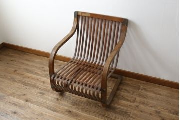 和製ビンテージ　激レア!　補強金具付き　竹興社　城所右文次　EMPRESS BAMBOO　PAT.NO.9520　サイン入り　滑らかな曲線のデザインが美しさと癒しを両立する博物館クラスのバンブーチェア(アームチェア、安楽椅子、イス、椅子、ヴィンテージ)(R-083153)