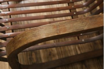 和製ビンテージ　激レア!　補強金具付き　竹興社　城所右文次　EMPRESS BAMBOO　PAT.NO.9520　サイン入り　滑らかな曲線のデザインが美しさと癒しを両立する博物館クラスのバンブーチェア(アームチェア、安楽椅子、イス、椅子、ヴィンテージ)(R-083153)
