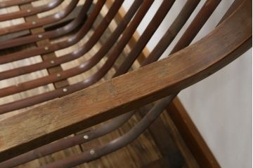 和製ビンテージ　激レア!　補強金具付き　竹興社　城所右文次　EMPRESS BAMBOO　PAT.NO.9520　サイン入り　滑らかな曲線のデザインが美しさと癒しを両立する博物館クラスのバンブーチェア(アームチェア、安楽椅子、イス、椅子、ヴィンテージ)(R-083153)