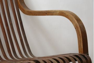 和製ビンテージ　激レア!　補強金具付き　竹興社　城所右文次　EMPRESS BAMBOO　PAT.NO.9520　サイン入り　滑らかな曲線のデザインが美しさと癒しを両立する博物館クラスのバンブーチェア(アームチェア、安楽椅子、イス、椅子、ヴィンテージ)(R-083153)