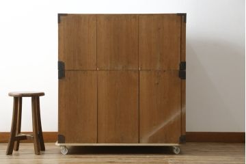 和製アンティーク　希少!!　前面黒柿材　上質な麒麟(キリン)と牡丹の錠前金具　特注　二段重ねの相馬箪笥(仙台箪笥、時代箪笥、和たんす、衣装箪笥、引き出し、チェスト、バラ売り可能)(R-083154)