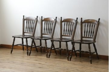 中古　松本民芸家具　クラシカルなダイニングづくりにぴったりの安川式スピンドルチェア4脚セット(板座チェア、ダイニングチェア、椅子、イス、バラ売り可能)(R-083164)