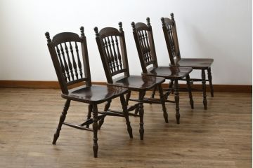 中古　松本民芸家具　クラシカルなダイニングづくりにぴったりの安川式スピンドルチェア4脚セット(板座チェア、ダイニングチェア、椅子、イス、バラ売り可能)(R-083164)
