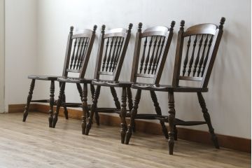 中古　松本民芸家具　クラシカルなダイニングづくりにぴったりの安川式スピンドルチェア4脚セット(板座チェア、ダイニングチェア、椅子、イス、バラ売り可能)(R-083164)