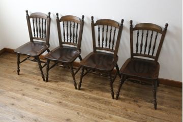 中古　松本民芸家具　クラシカルなダイニングづくりにぴったりの安川式スピンドルチェア4脚セット(板座チェア、ダイニングチェア、椅子、イス、バラ売り可能)(R-083164)