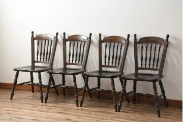 中古　松本民芸家具　クラシカルなダイニングづくりにぴったりの安川式スピンドルチェア4脚セット(板座チェア、ダイニングチェア、椅子、イス、バラ売り可能)(R-083164)
