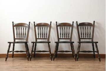中古　松本民芸家具　クラシカルなダイニングづくりにぴったりの安川式スピンドルチェア4脚セット(板座チェア、ダイニングチェア、椅子、イス、バラ売り可能)(R-083164)