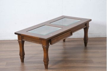 中古　美品　見せる収納!!　国産職人手作り品　上質な作り込みのガラスケース付きローテーブル(センターテーブル、リビングテーブル)(定価約30万円)(R-083177)